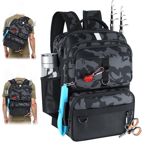 Fishing Backpack with Tackle Boxes and Rod Holder, 24L Fishing Sling Bag with Fishing Lures Kit, Fishing Gear Bag Gifts for Men Women - Camo Backpack - color: Camo Backpack