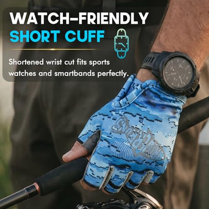 Riverruns SwiftShield Fishing Gloves Shortened Wrist UPF50+ Sun Gloves Fingerless Lightweight Breathable Hiking Driving Kayaking Paddling - color: CamoBlue, size: Small