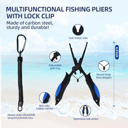 RAWILL Fishing Kit,Filleting Knife,Hook Remover,Fish Grip, Line Cutter,Fishing Scale, Pliers with Lanyards,Not Include Batteries - color: Blue