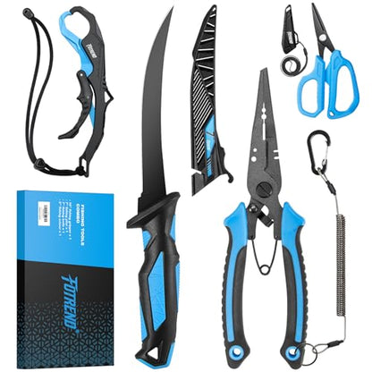 Fishing Tool Kit, Fishing Gear - Fishing Plier with Sheath, Fillet Knife, Fishing Scissors, Fish Lip Gripper, Tool Retractor, Keychain Bottle Opener, Fishing Gifts for Men - color: Blue-4Pcs