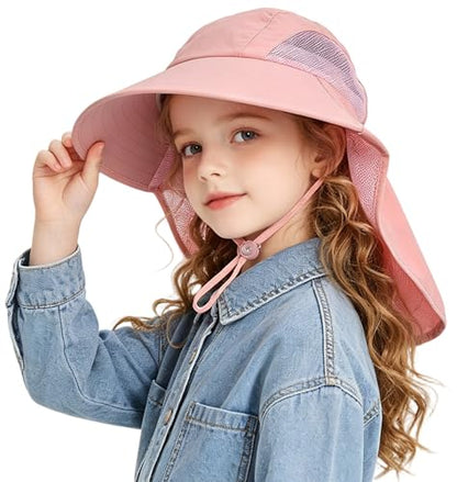 Outdoor Kids Sun Hat for Boys Girls UPF 50+ Breathable Summer Mesh Fishing Hat with Wide Brim Neck Flap Bucket Hat