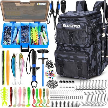 PLUSINNO Fishing Backpack with Tackle Boxes,Fishing Gear,42L Waterproof tackle Backpack with Rod Holders,Lures,Tools,Pliers & Accessories, Fish Gifts for Men - color: Black Camouflage With Tools
