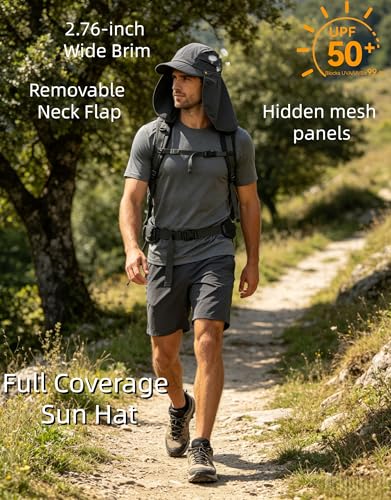 Men Women Safari Fishing Sun Cap with Removable Neck Flap UPF 50+ UV Protection Quick Dry Breathable Hats - color: Grey