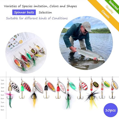 EXAURAFELIS 10/30pcs Fishing Lure Spinnerbait with Feathered Treble Hooks Rooster Tail Fishing Lures Spoon Lures for Bass Salmon Trout Spinner Baits with Tackle Box - color: 10pcs-B