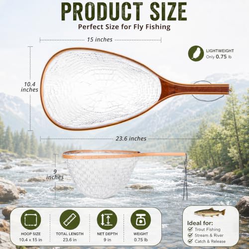 Wooden Fly Fishing Landing Net with Clear Soft Rubber Netting, Floating Trout Net, Magnetic Quick Release Buckle, Anti-Loss Rope, 10.4 x 15 in Hoop, 23.6 in Length, 0.75 lb