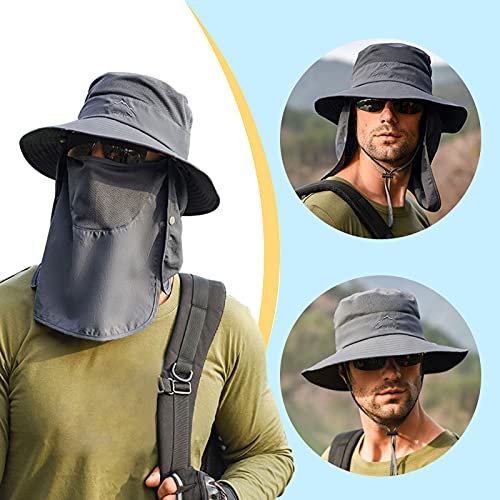 Fishing Hat for Men & Women, Outdoor UV Sun Protection Wide Brim Hat with Face Cover & Neck Flap - color: Dark Grey