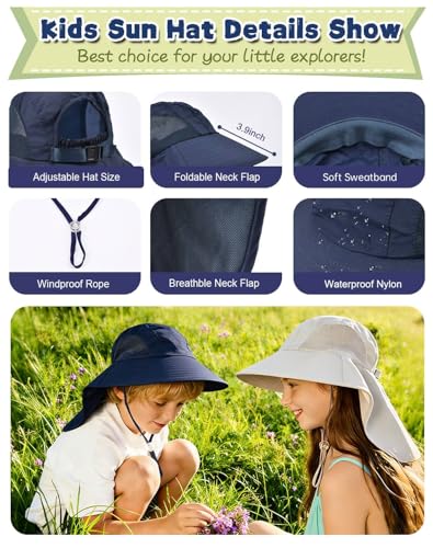 Rosoz Kids Sun Hat with Neck Flap UV Protection Summer Toddler Beach Hat Unisex Ponytail Hat Wide Brim Fishing Hat - color: Navy Blue+white