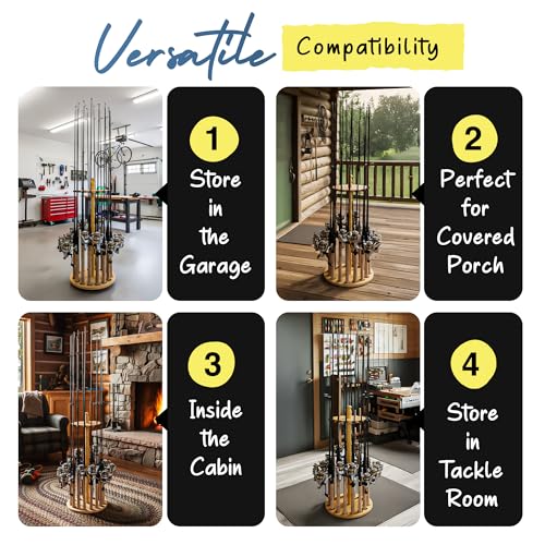 Rush Creek Creations Round 16 Fishing Rod Storage Rack - Features Traditional Handcrafted Wood Post - No Tool Assembly, Wood Grain Laminate - color: Light Wood Grain