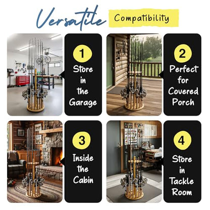 Rush Creek Creations Round 16 Fishing Rod Storage Rack - Features Traditional Handcrafted Wood Post - No Tool Assembly, Wood Grain Laminate - color: Light Wood Grain