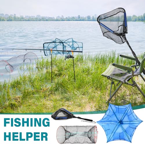 Windyun 3 Pcs Folded Fish Trap Includes Landing Net with Telescoping Pole Handle Cylindrical Hexagon Bait Bag Rope Bait Traps for Fishing Crab Crawfish Shrimp Lobster Accessories
