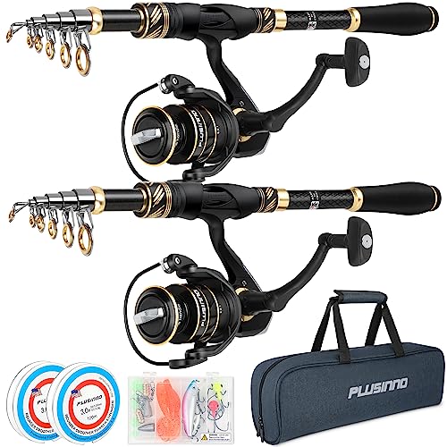 PLUSINNO Fishing Pole, Fishing Rod and Reel Combo,Telescopic Fishing Rod Kit with Spinning Reel, Collapsible Portable Fishing Pole with Carrier Bag for Freshwater Saltwater Fishing Gifts for Men Women - color: 2pack Full Kit With Carrier Case, size: 6.98