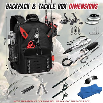 Fishing Tackle Backpack with 2 Rod Holders, Water-Resistant Fishing Gear Storage Bag, Tackle Bag for Fishing Equipment, Fisher Gifts For Men, Black - color: A-Black(Without tackle box)