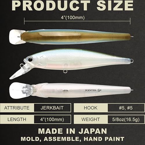 LUCKY CRAFT Pointer 100SP, Jerkbait Side by Side Action Tournament Winning Perfect Wobbling Freshwater Lake Bass Fishing Champion Bait - color: 832 Original Wakasagi
