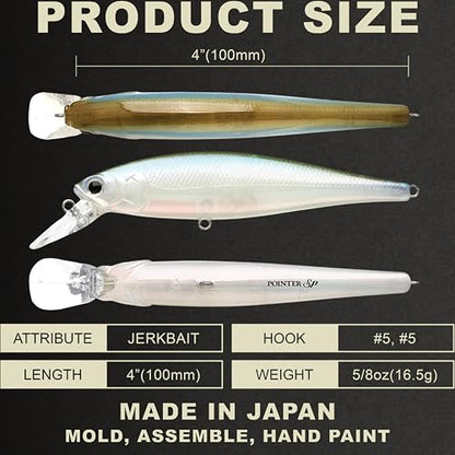 LUCKY CRAFT Pointer 100SP, Jerkbait Side by Side Action Tournament Winning Perfect Wobbling Freshwater Lake Bass Fishing Champion Bait - color: 832 Original Wakasagi