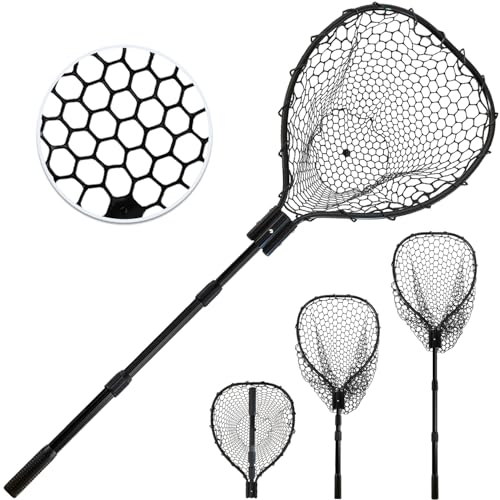 Telescoping Rubber Fishing Net with Handle 64"/46“ Long Silicone Large Fish Landing Net Kayak/Fishpond/Saltwater Extendable Fishing Gear Accessories - color: Black:Upgraded Metal Lock|length:63.8"