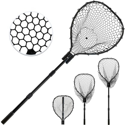 Telescoping Rubber Fishing Net with Handle 64"/46“ Long Silicone Large Fish Landing Net Kayak/Fishpond/Saltwater Extendable Fishing Gear Accessories - color: Black:Upgraded Metal Lock|length:63.8"