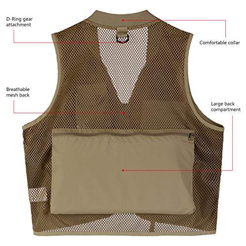 BASSDASH Versatile Men's Women's Fishing Photography Vest with Mesh Back 6 Sizes - color: Khaki, size: 3X-Large