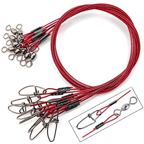 YOTO Steel Fishing Leaders Wire丨125LB Heavy Duty Saltwater Fish Leader丨High Strength Leader with Swivel and Snap - color: red-15pcs