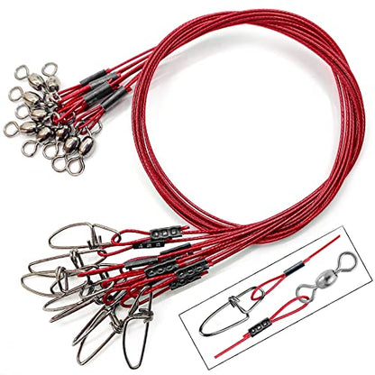 YOTO Steel Fishing Leaders Wire丨125LB Heavy Duty Saltwater Fish Leader丨High Strength Leader with Swivel and Snap - color: red-15pcs