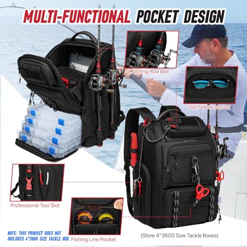 Fishing Tackle Backpack,40L Tackle Bag with 2 Rod Holders,Water-Resistant Large Storage Fishing Gear and Equipment(Black) - color: B-Black(Without tackle box)