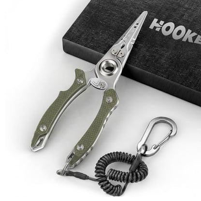 HOOK-EZE Anti-Twist Fishing Pliers with Multi-Function Design, 7.1" Saltwater 17-4 Stainless Steel Fishing Gear with G10 Handles, Split Ring Pliers, Fish Hook Remover Tool - Army Green - color: Army Green