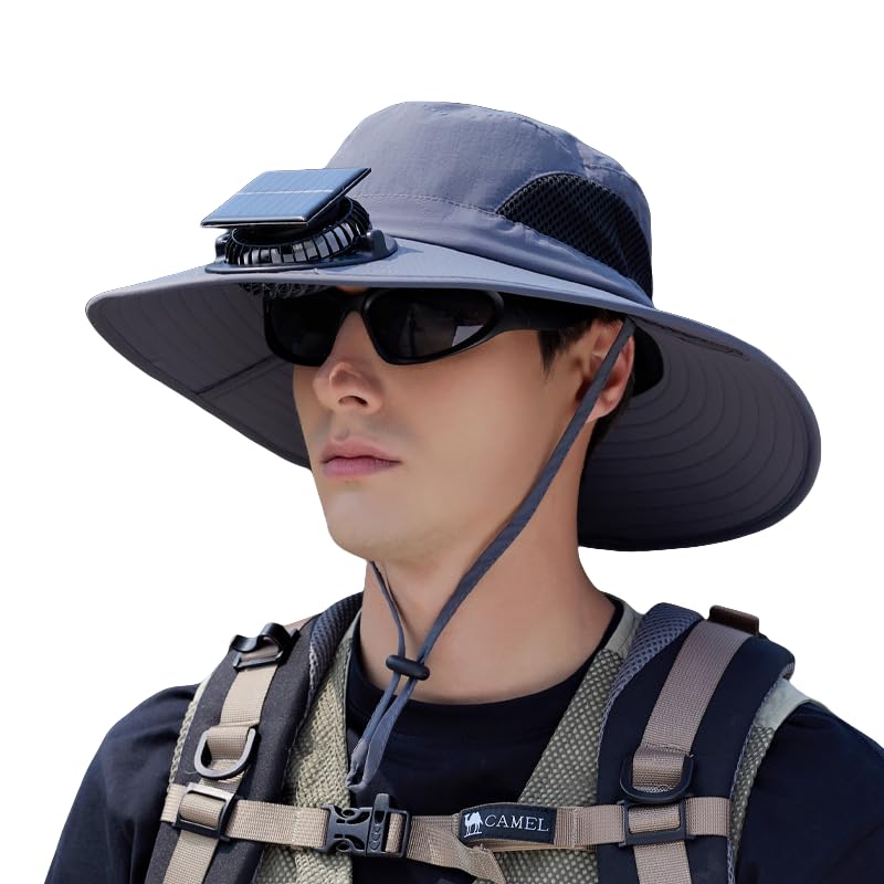 Extra Wide Brim Solar Fan Hat, Mens Fishing Hat with Fan, Neck Flap Sun Hat, UPF 50+ Solar Powered Cooling Cap Fisherman Hats - color: Deep Grey