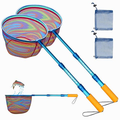 DaddyGoFish Kids Fishing Net - Extendable Telescopic Landing Net for Boy Girl Children Catching Small Fish Crab Shrimp Minnow Dragonfly Beach Pier Lake River Ocean - color: Style 1 (2 Pack, Blue + Blue)