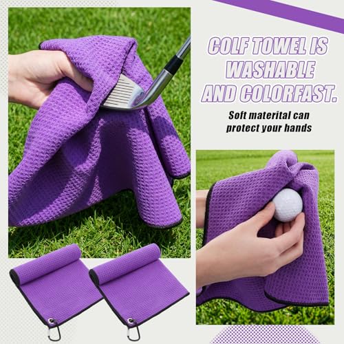 Batiyeer 30 Pcs Golf Towels Bulk for Bags 16'' x 16'' Microfiber Fabric Golf Towel with Clip Waffle Pattern for Men Mini Tournament Fitness Yoga Camping (Purple) - color: Purple