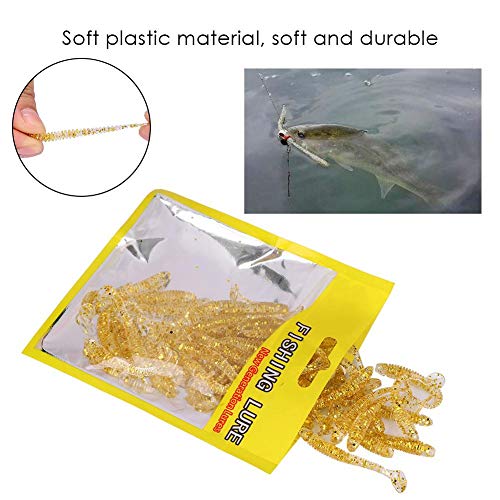 Tbest 50 Pcs 5cm Soft Fishing Lures, Plastic Fishing Bait T-Tail Grub Worm Baits Fish Tackle Accessory 9 Colors - color: Gold