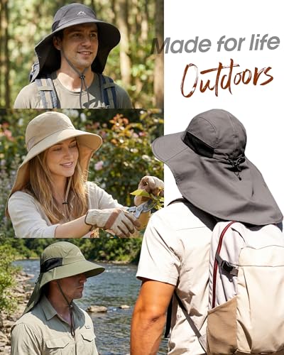 FURTALK Sun Hats for Men Women Fishing Hat with Neck Flap Chin Strap UPF 80+ Wide Brim Hiking Safari Summer Hats - color: Beige
