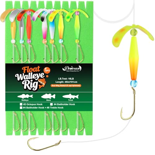 Dovesun Crawler Harness Walleye Rigs with Dual-Wing Blade, Float Walleye Spinner Rig for Slow Trolling (0.25 mph), Fluorocarbon Worm Harness, 2 Hook Walleye Fishing Rigs, 7 Pack - size: Dual #4 Baitholder Hooks