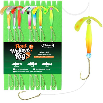 Dovesun Crawler Harness Walleye Rigs with Dual-Wing Blade, Float Walleye Spinner Rig for Slow Trolling (0.25 mph), Fluorocarbon Worm Harness, 2 Hook Walleye Fishing Rigs, 7 Pack - size: Dual #4 Baitholder Hooks