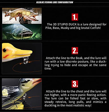 1piece 3D Duck Topwater Fishing Lure Yellow Duckling Floating Artificial Bait Plopping and Splashing Feet Hard Fishing Tackle Geer 12cm 28g - color: Yellow A