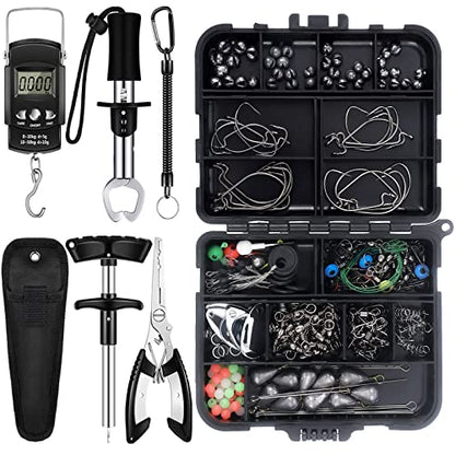 Hungdao 252 PC Fishing Tool Kit Terminal Tackle Kit Fish Hook Remover Lip Gripper Digital Scale Pliers Lanyard Sheath Gear with Tackle Box Summer Fishing Gifts for Men