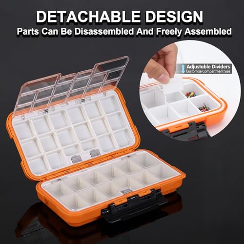 Small Tackle Box Organizer 3 Pack, Waterproof Double-Sided Fishing Lure Box | Mini Portable Floating Fishing Storage Container with Removable Dividers, Terminal Plastic Tackle Box (Green, Orange, Gray)