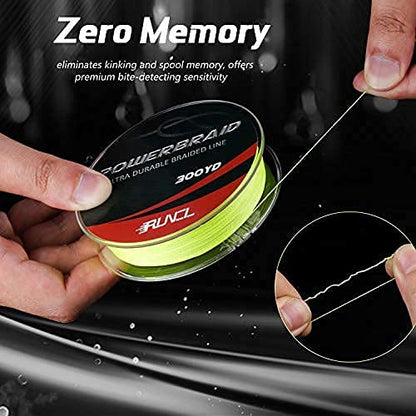 RUNCL PowerBraid Fishing Line 4/8/9 Strands, Braided Fishing Line 300/500/1000Yds - Seamless Weaving Tech, Enhanced Coating Tech, Zero Stretch, High Sensitivity, Smaller Diameter - Braid Line 15-115LB - color: Hi-Vis Yellow, size: 15LB-500yds(4 Strands)