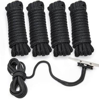 4 Pack 3/8" x 15’ Boat Dock Lines for Boat & Pontoon, Premium Marine- Grade Double Braided Nylon Dock Line, Pre-Spliced with a 12" Eyelet-Black,Boating Gifts for Men - size: 3/8" x 15' (Pack of 4)