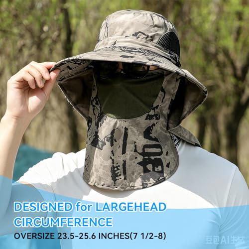 ALANDUO Wide Brim XXL Sun Hats for Men Big Head, UPF 50+ Fishing Sun Hat with Neck Face Flap, Safari Boonie Hat for Men Women - color: Ink Khaki