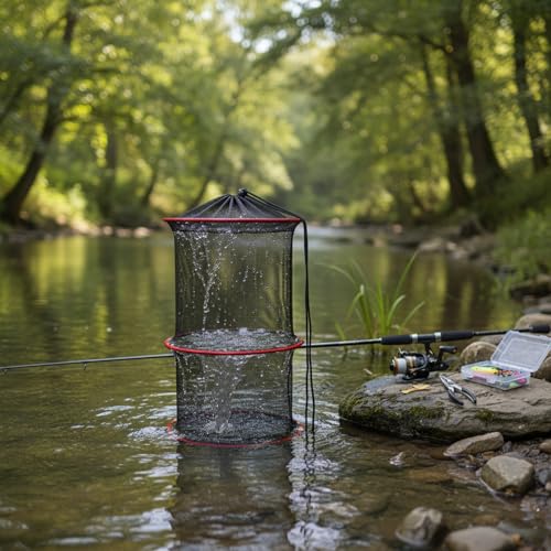 Collapsible Mesh Fish Keeper Bag, Portable Polyester Net for Freshwater Fishing, Black - size: 9.84 x 9.84 x 23.62"