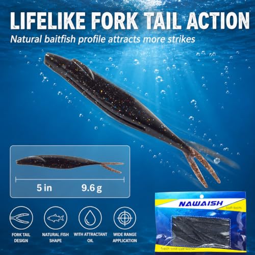 Soft Plastic Jerkbait Fishing Lures, 5 Inch Fluke Style Minnow Swimbaits for Bass, Walleye, Trout & Crappie, Scented Soft Baits for Freshwater & Saltwater, 10 Pack - color: Black Flash