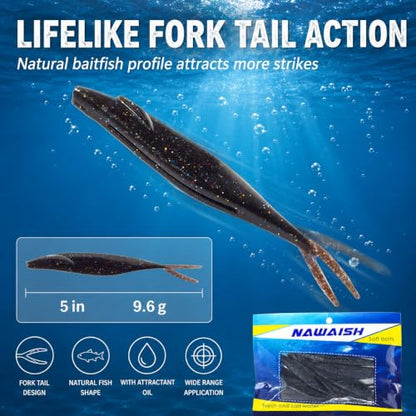 Soft Plastic Jerkbait Fishing Lures, 5 Inch Fluke Style Minnow Swimbaits for Bass, Walleye, Trout & Crappie, Scented Soft Baits for Freshwater & Saltwater, 10 Pack - color: Black Flash