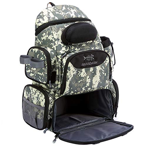 BASSDASH Fishing Tackle Backpack Water Resistant Tactical Bag Soft Tackle Box with Rod Holder and Protective Rain Cover - color: Jungle Camo Backpack [3600] Without Trays
