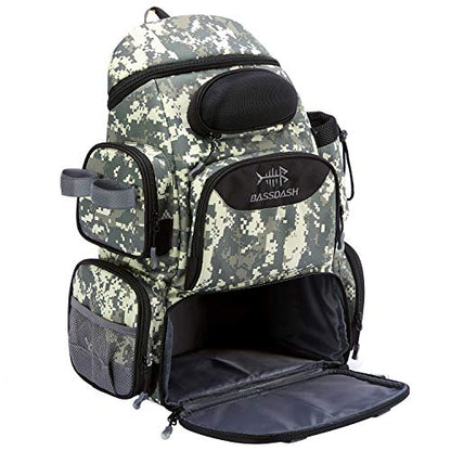 BASSDASH Fishing Tackle Backpack Water Resistant Tactical Bag Soft Tackle Box with Rod Holder and Protective Rain Cover - color: Jungle Camo Backpack [3600] Without Trays