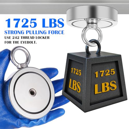 VNDUEEY 1725LBS Magnet Fishing Kit, 3.7" Double Hole Fishing Magnet Kit with Rope, Strong Magnets for Retrieving in River Lake Beach and Lawn, Includes 65Ft Rope, Carabiner, Gloves, Grappling Hook - size: 3.7" 1725LBS, style: Double Hole Kit