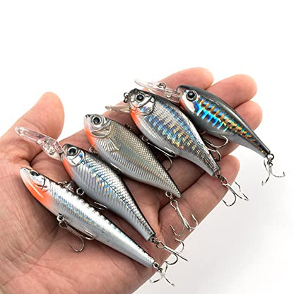 Dr.Fish 5 Pack Crankbait Lipless Minnow VIB Hardbait Sinking Bass Lure Plug Pencil Bait Chrome Laser Painting 3D Eyes Rattle Balls Treble Hook Split Ring Tackle Box Freshwater Shad Perch Walleye