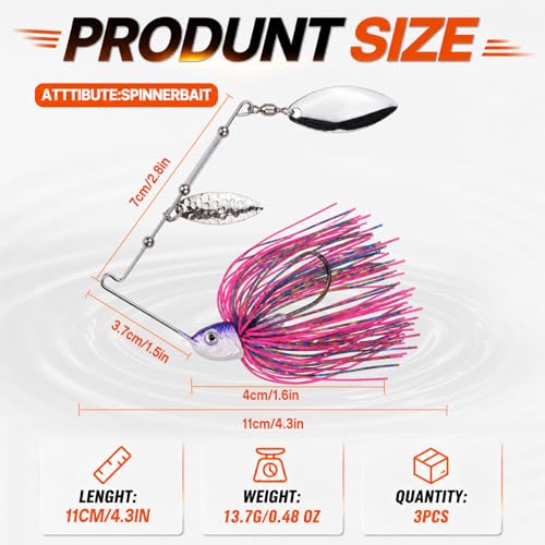 Keenjorika Spinnerbaits Fishing Lure, 3-Pack Swim Jig Fishing Spinner Baits Kit for Freshwater and Saltwater, Buzzbait Swimbait for Bass Trout Walleye Crappie Salmon Pike - color: Blue,Purple,Rose