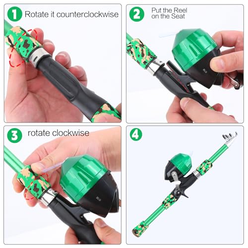 Collapsible Telescopic Fishing Rod and Reel Combo Push Button Small Fishing Pole Kit Beginner Youth Boys Fishing Starter Set Tackle - color: Camo Green, size: 4.92FT
