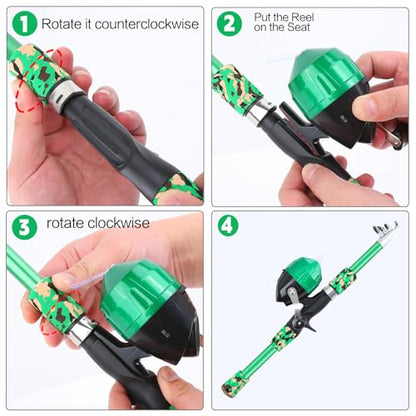 Collapsible Telescopic Fishing Rod and Reel Combo Push Button Small Fishing Pole Kit Beginner Youth Boys Fishing Starter Set Tackle - color: Camo Green, size: 4.92FT