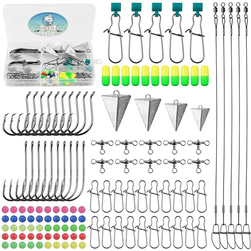 Saltwater Surf Fishing Tackle Kit, 124pcs Saltwater Fishing Gear Fish Finder Rig Pompano Rigs Pyramid Weights Sinker Slider Fishing Hooks Swivels Snaps Various Accessories