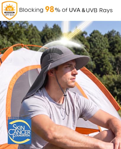 Home Prefer UPF 50+ Sun Hats for Men Women Wide Brim Fishing Hat with Neck Flap UV Protection Sunblock Safari Bucket Hat - color: Dark Grey